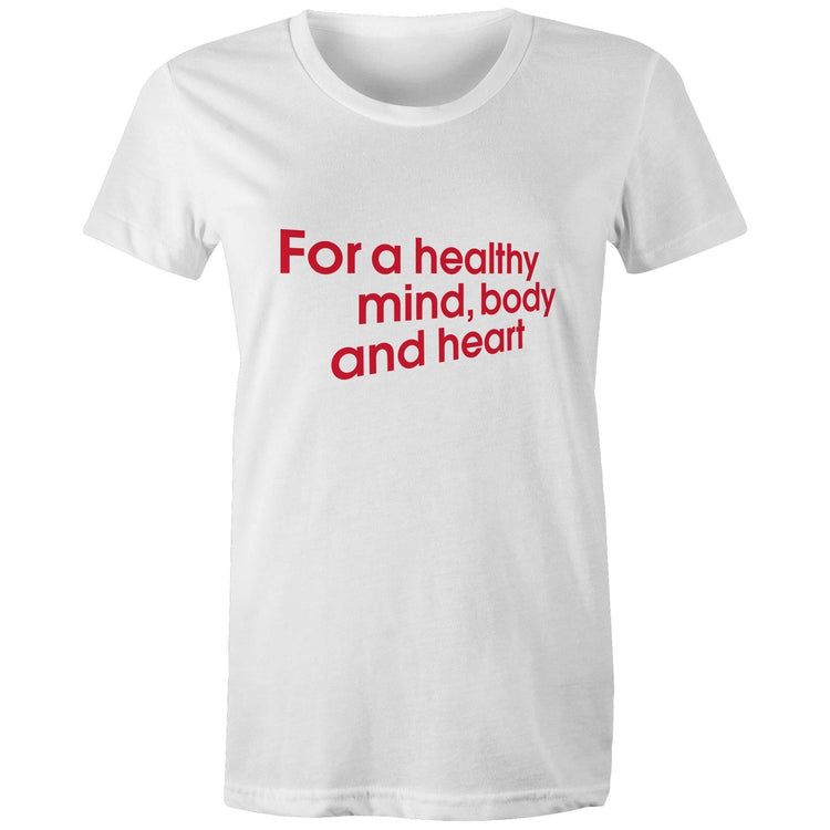 White ‘Walking Wins healthy heart’ t-shirt by the Heart Foundation, promoting the benefits of walking for a healthy mind, body, and heart.