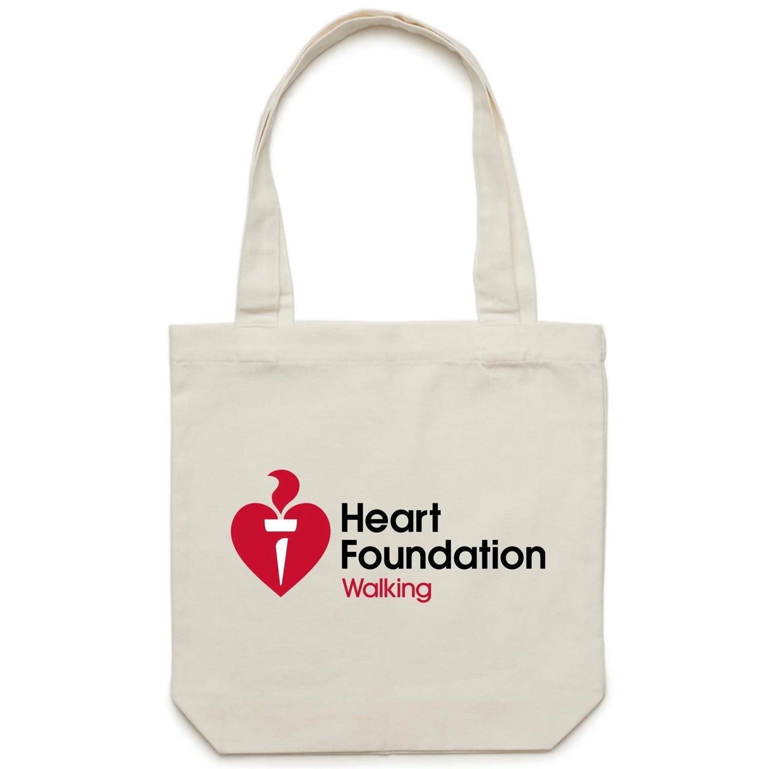 Cream tote bag with medium length handles, curved corners and featuring red, white and black Heart Foundation Walking logo. Designed to raise awareness of the Walking program and the benefits of walking.