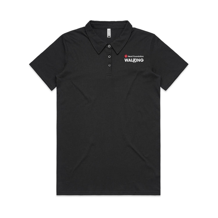 Black polo shirt with Heart Foundation Walking white logo on a light gray background