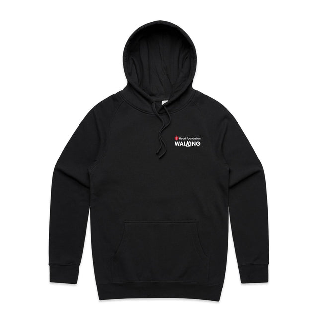 Black unisex style hoodie with white Heart Foundation Walking logo. Featured on grey gradient background.