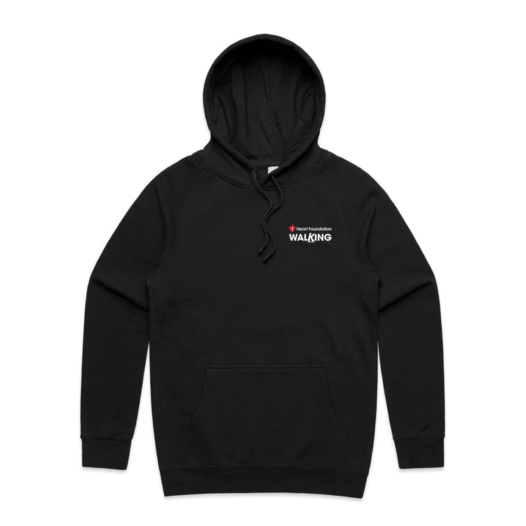 Black unisex style hoodie with white Heart Foundation Walking logo. Featured on grey gradient background.