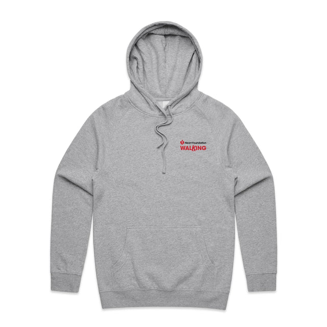 Grey marle unisex style hoodie with red Heart Foundation Walking logo. Featured on grey gradient