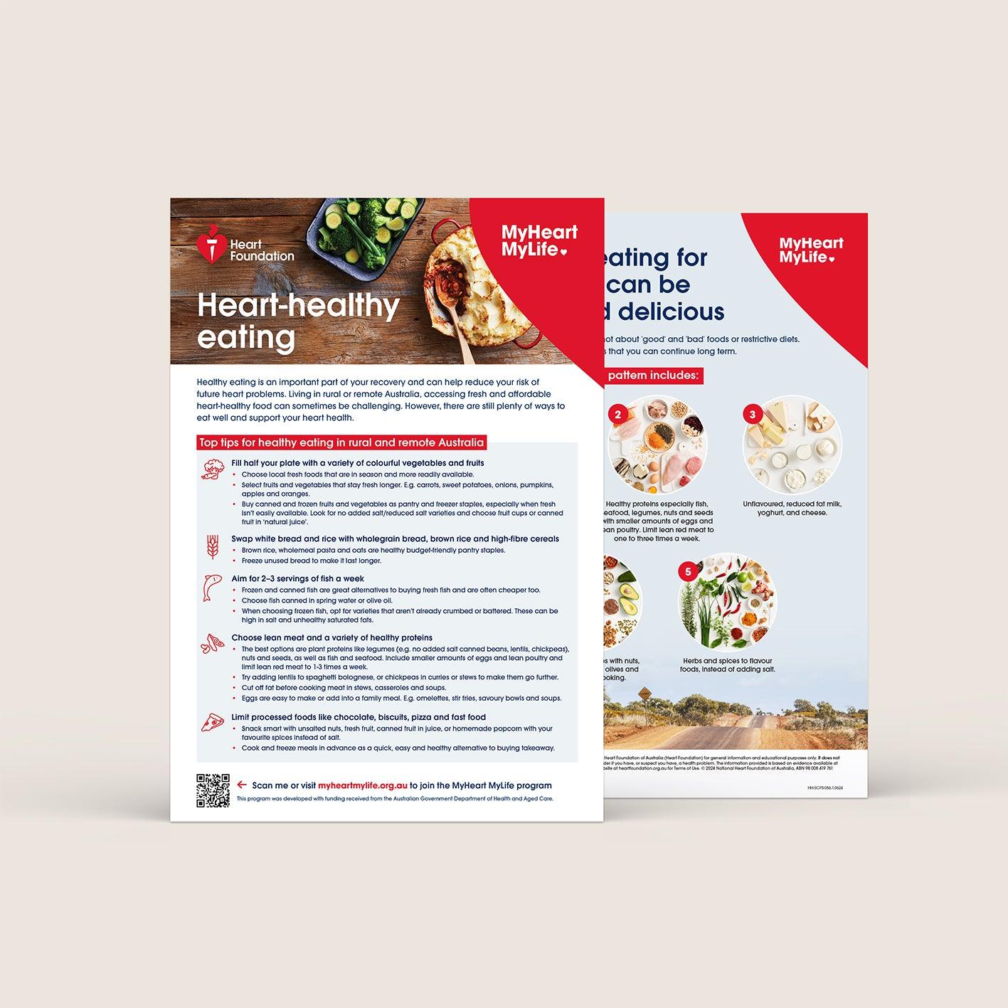 Heart-healthy eating resource by the Heart Foundation, tailored for rural and remote areas, offering practical nutrition tips and information on joining the MyHeart MyLife program.