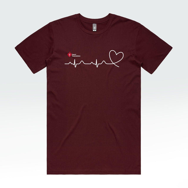 ‘Heartbeat line’ unisex t-shirt by the Heart Foundation, available in navy, black, charcoal, burgundy, sage, white, pale pink, and red, created for Heart Week to raise awareness of heart health.