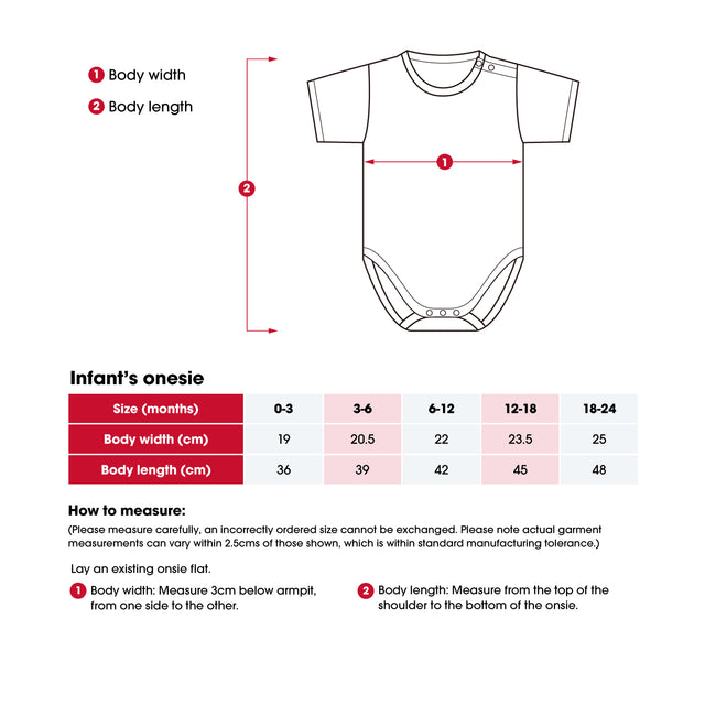 Measurement chart for infant's onesie with dimensions and size chart.