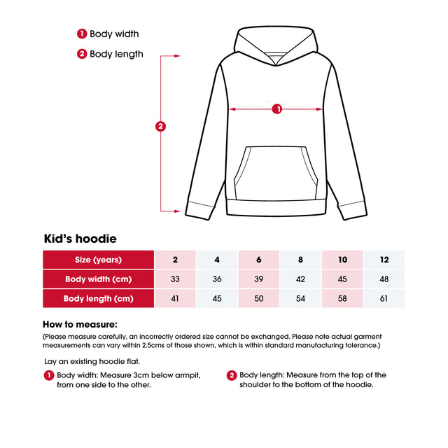 Measurement chart for kids' hoodies with dimensions and size chart on a white background