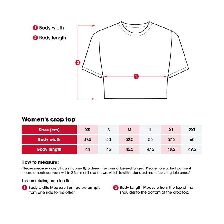 Measurement chart for women's crop top with dimensions and size guide.
