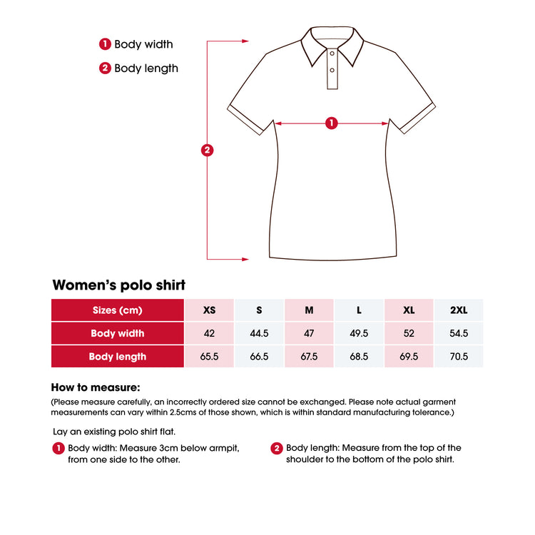 Measurement guide for a women's polo shirt showing a simple line drawing with arrows marking body width, body length, and body length, plus a size chart table from XS to 2XL in centimeters.