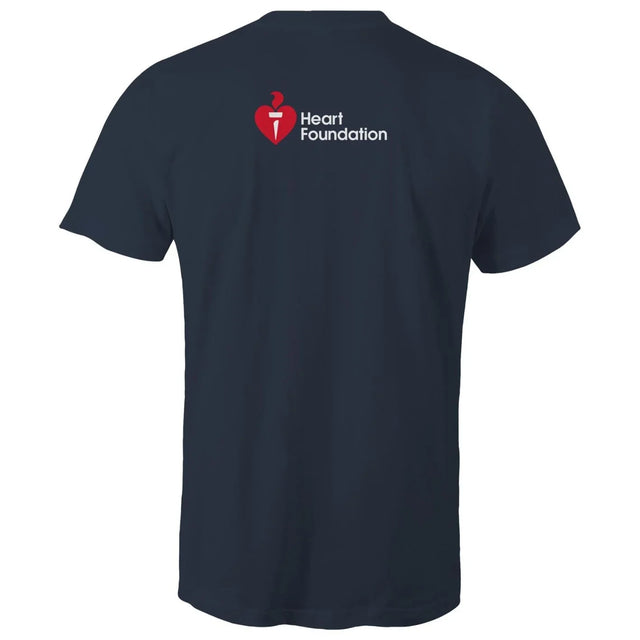 Navy blue t-shirt with Heart Foundation logo on the back against a white background