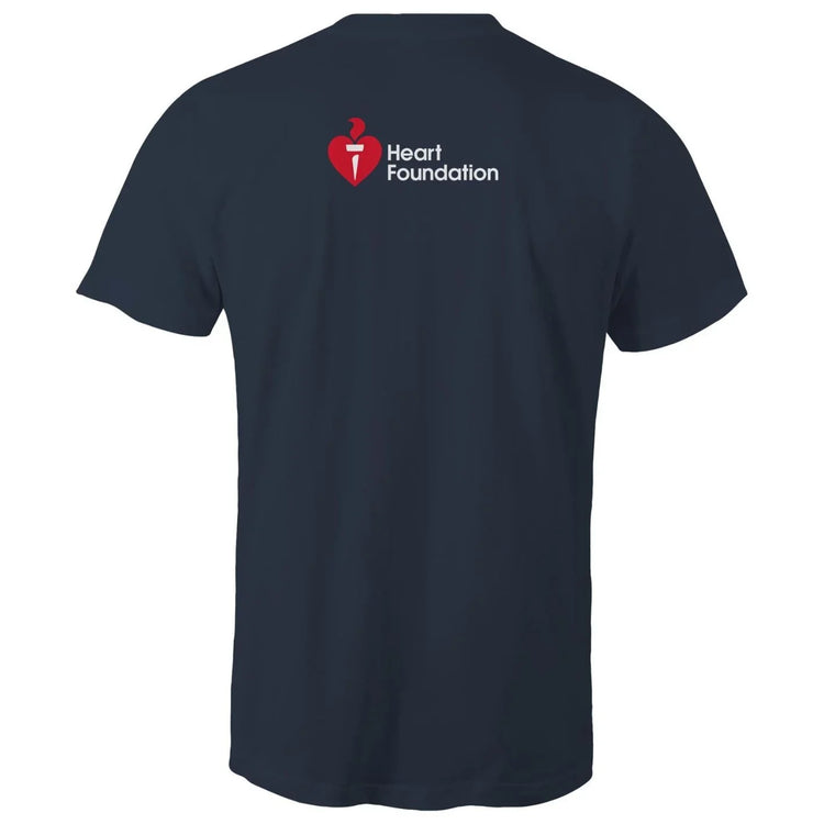 Navy blue t-shirt with Heart Foundation logo on the back against a white background