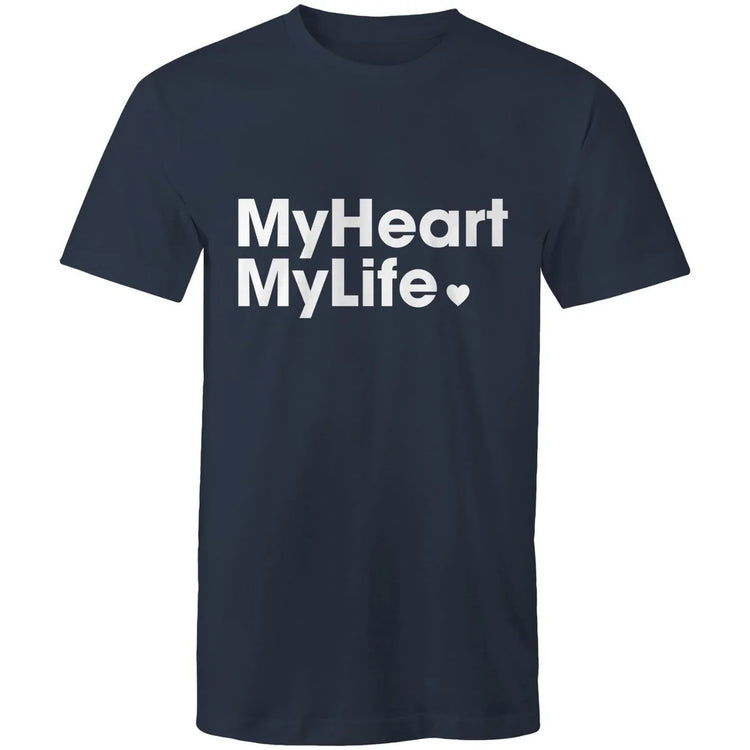 Navy blue t-shirt with 'MyHeart MyLife' text on a white background