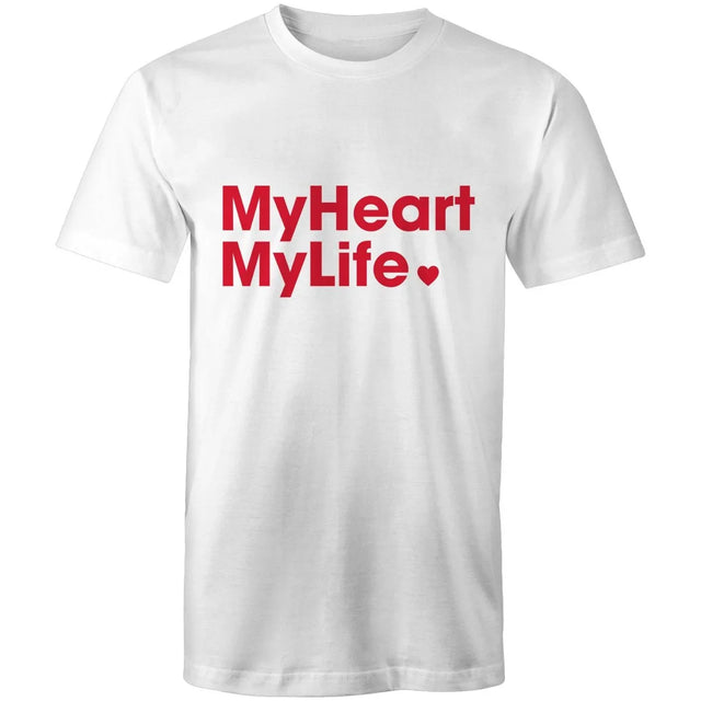White t-shirt with red text 'MyHeart MyLife' on a white background