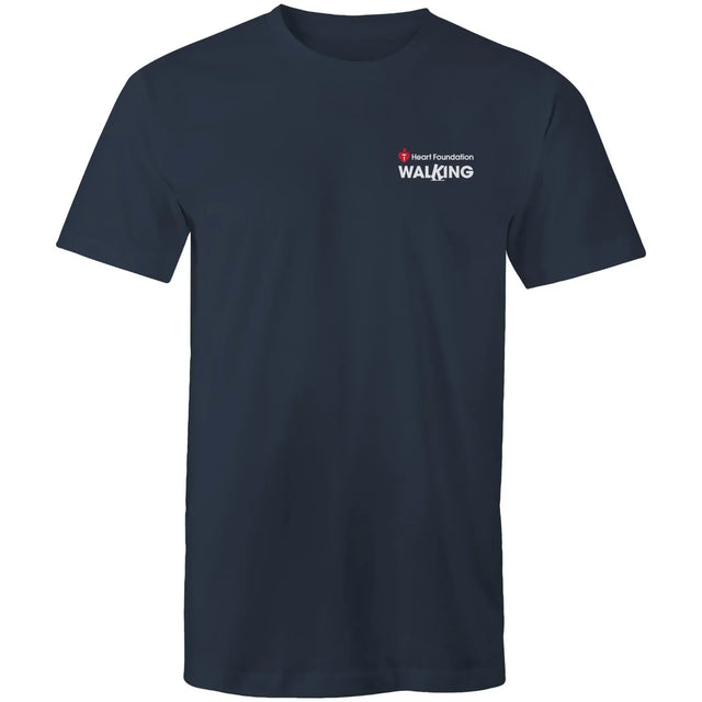 Navy unisex Heart Foundation Walking small logo t-shirt on white background.