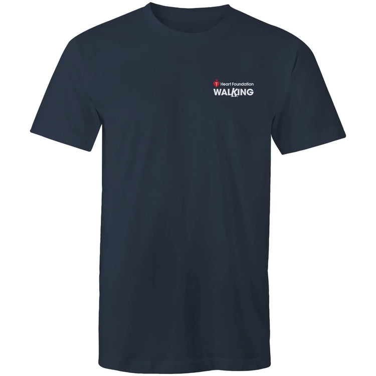 Navy unisex Heart Foundation Walking small logo t-shirt on white background.