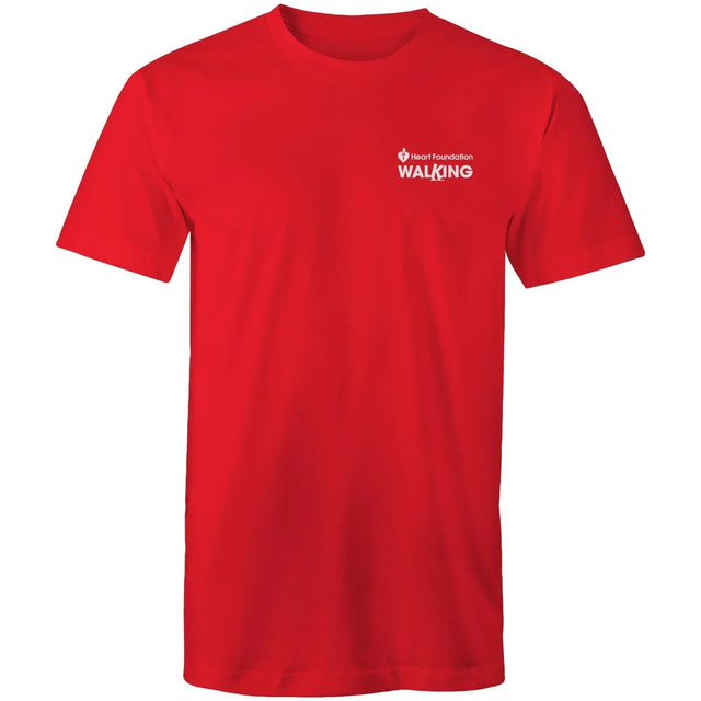 Red unisex Heart Foundation Walking small logo t-shirt on white background.