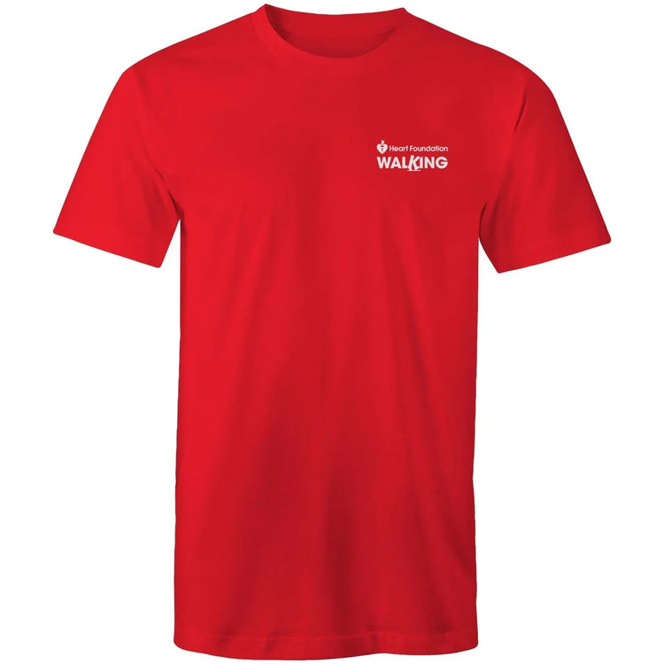 Red unisex Heart Foundation Walking small logo t-shirt on white background.