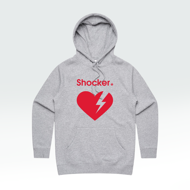 A light gray marle pullover hoodie with a red graphic on the chest featuring the word 'Shocker.' above a broken heart with a lightning bolt.