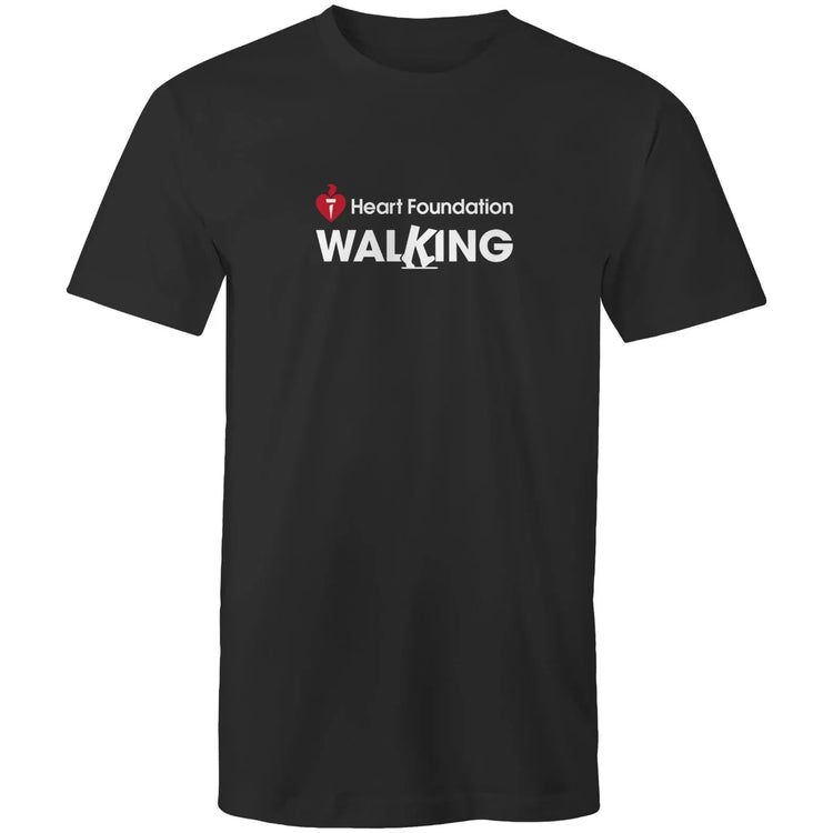 Unisex style black Heart Foundation Walking centre chest logo t-shirt on white background.