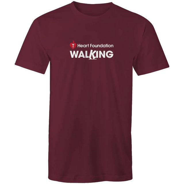 Unisex style burgundy Heart Foundation Walking centre chest logo t-shirt featured on white background.