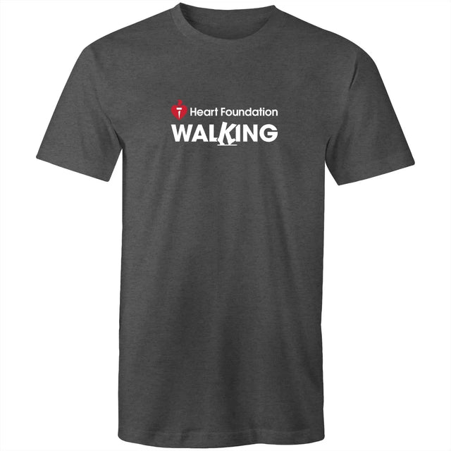 Unisex style grey marle Heart Foundation Walking centre chest logo t-shirt featured on white background.