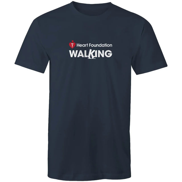 Unisex style navy Heart Foundation Walking centre chest logo t-shirt featured on white background.