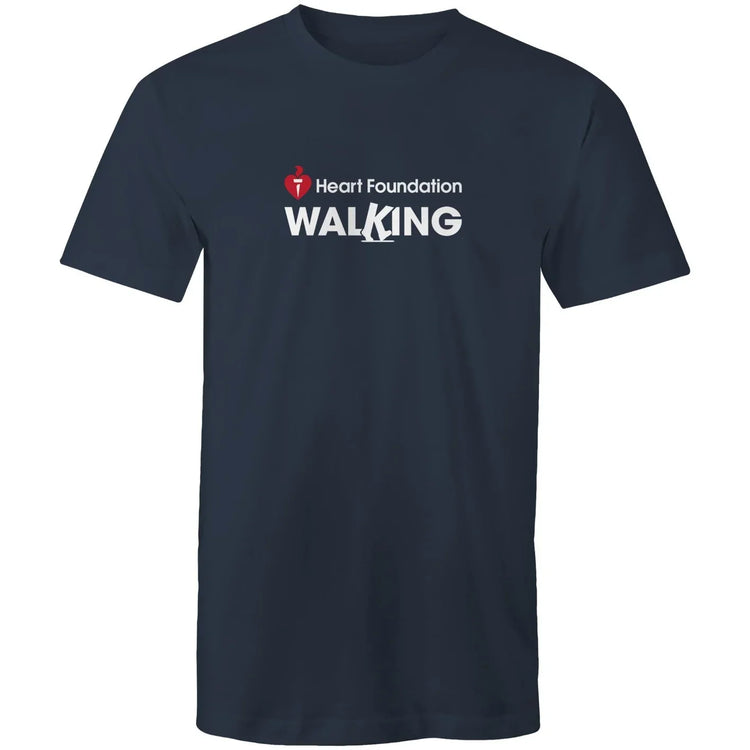 Unisex style navy Heart Foundation Walking centre chest logo t-shirt featured on white background.