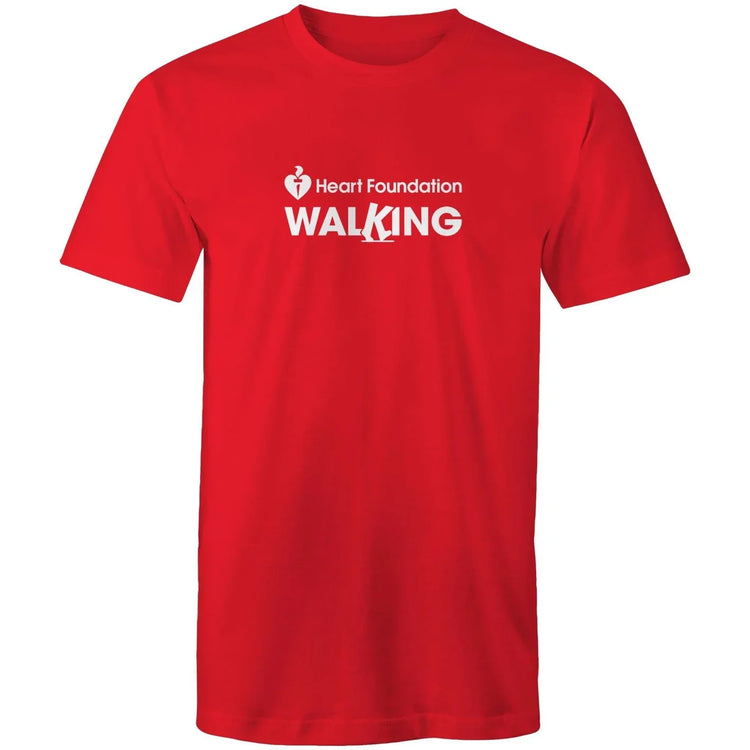Unisex style red Heart Foundation Walking centre chest logo t-shirt featured on white background.