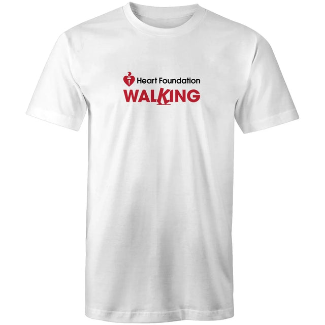 Unisex style white Heart Foundation Walking centre chest logo t-shirt featured on white background.