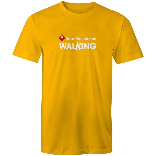 Unisex style yellow Heart Foundation Walking centre chest logo t-shirt featured on white background.