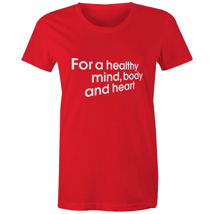 Red ‘Walking Wins healthy heart’ t-shirt by the Heart Foundation, promoting the benefits of walking for a healthy mind, body, and heart.