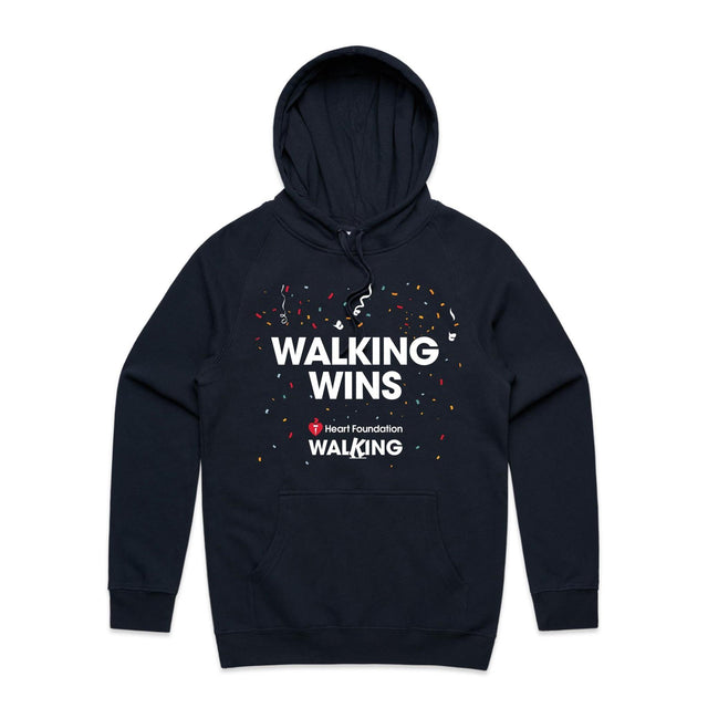 Navy ‘Walking Wins’ unisex hoodie by the Heart Foundation, designed to promote the benefits of walking for heart health.