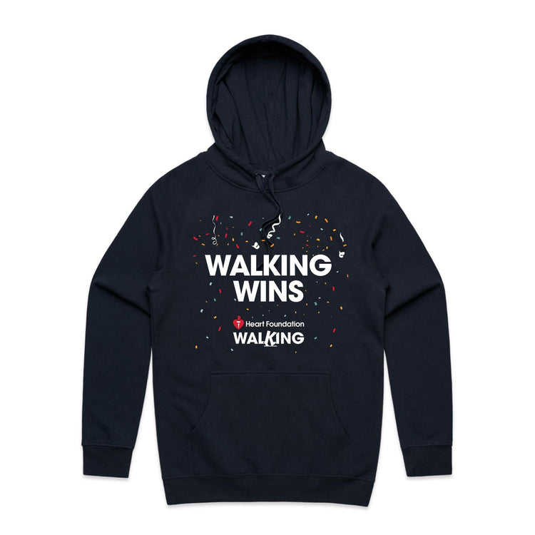 Navy âWalking Winsâ unisex hoodie by the Heart Foundation, designed to promote the benefits of walking for heart health.