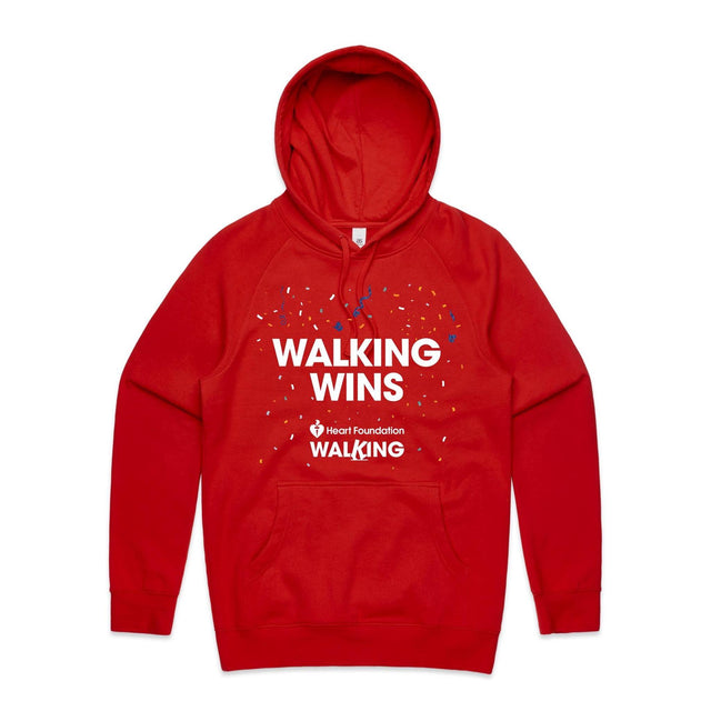 Red ‘Walking Wins’ hoodie by the Heart Foundation, designed to promote the benefits of walking for heart health.