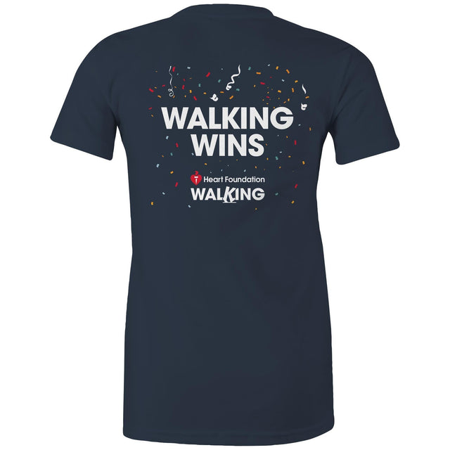 Navy ‘Walking Wins healthy heart’ t-shirt by the Heart Foundation, promoting the benefits of walking for a healthy mind, body, and heart.