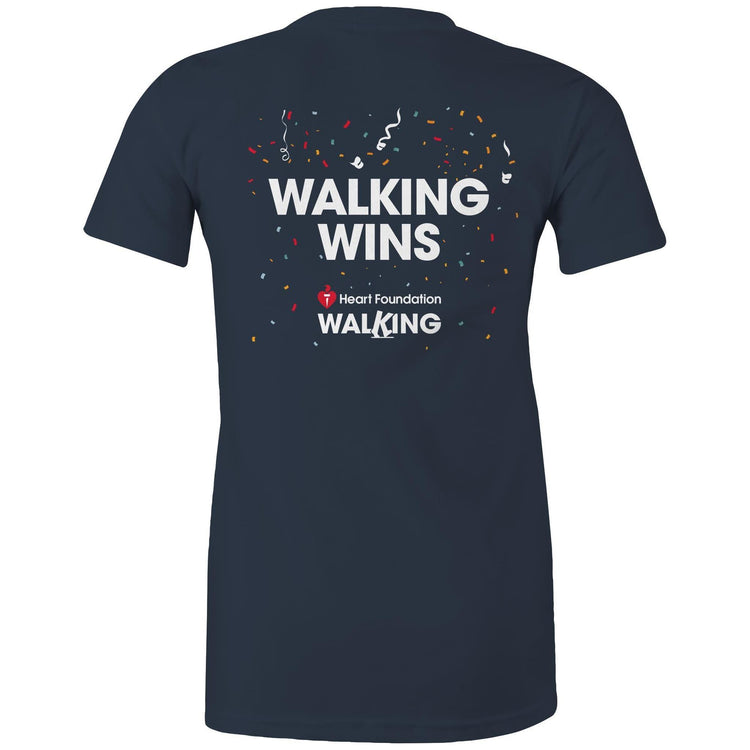 Navy ‘Walking Wins healthy heart’ t-shirt by the Heart Foundation, promoting the benefits of walking for a healthy mind, body, and heart.