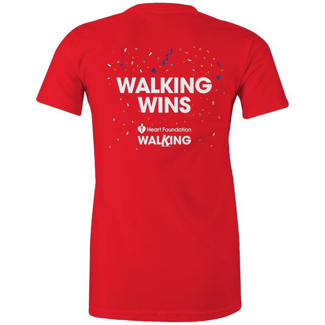 Red ‘Walking Wins’ t-shirt by the Heart Foundation, designed to promote the benefits of walking for heart health.