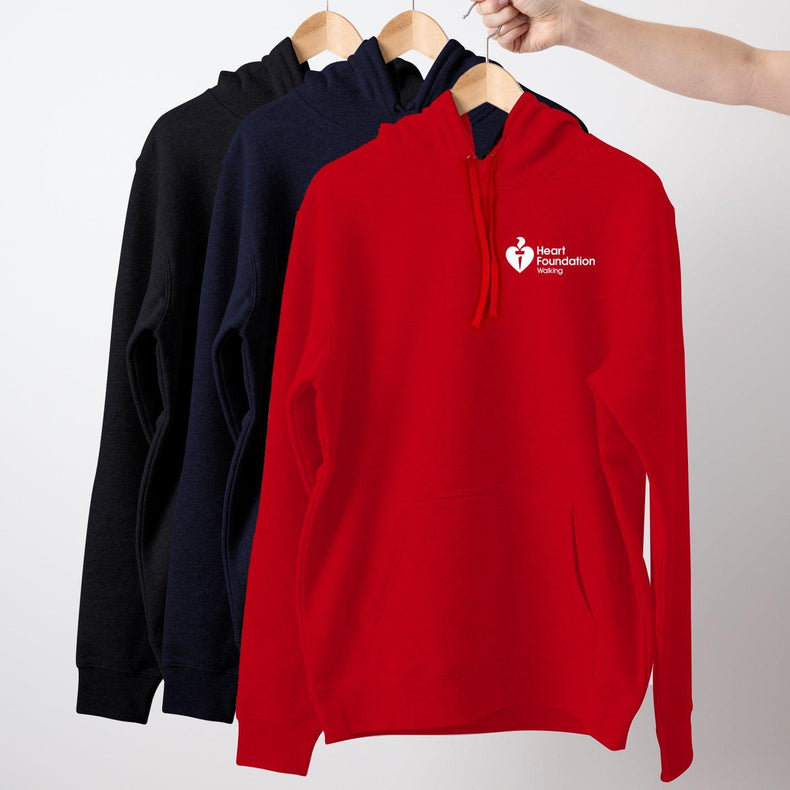 Features red, navy and black Heart Foundation Walking unisex style hoodies displayed on hangers. Developed for walkers to promote walking and having an active lifestyle.