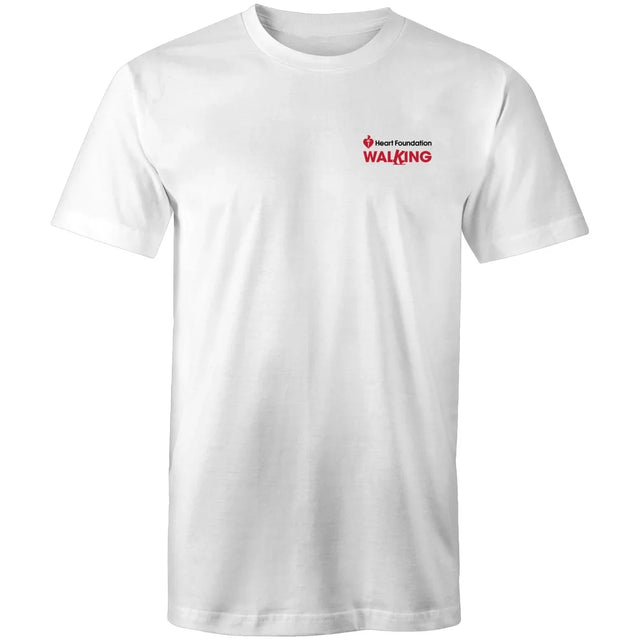 White unisex Heart Foundation Walking small logo t-shirt on white background.