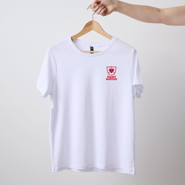 Heart Foundation women's white organic cotton t-shirt featuring Heart Warrior design in red print featured on hanger.