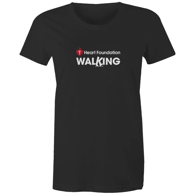 Women's black Heart Foundation Walking centre chest logo t-shirt featured on white background.