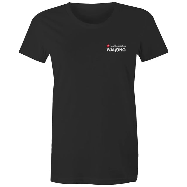 Women's black Heart Foundation Walking small logo t-shirt featured on white background.