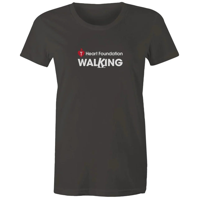 Women's charcoal Heart Foundation Walking centre chest logo t-shirt featured on white background.
