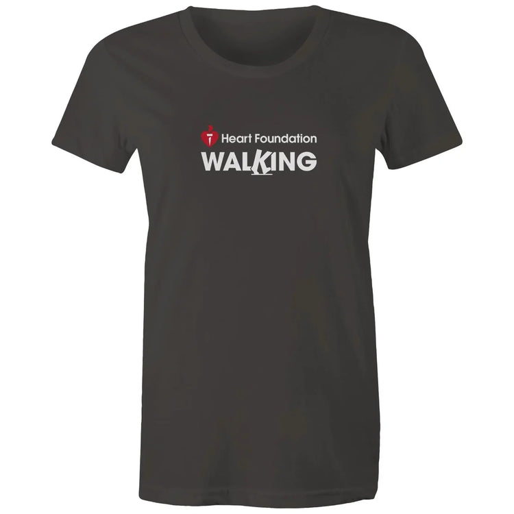 Women's charcoal Heart Foundation Walking centre chest logo t-shirt featured on white background.