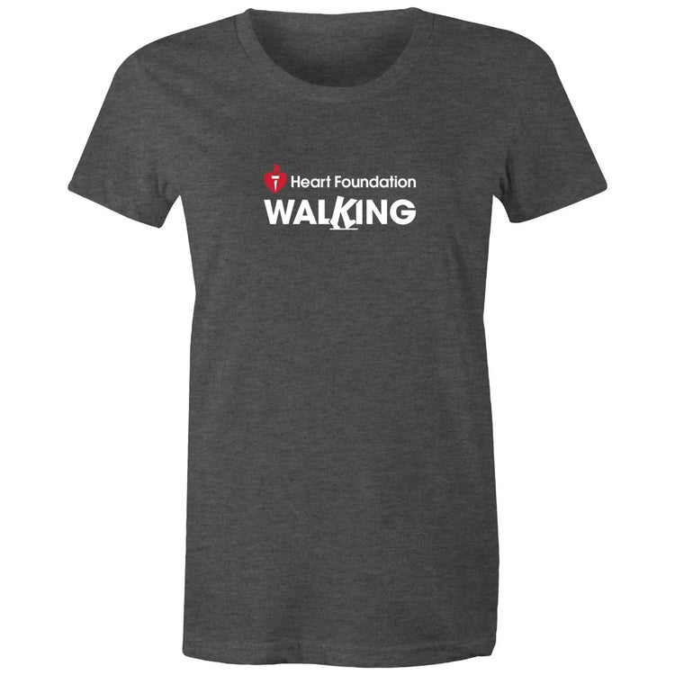 Women's grey marle Heart Foundation Walking centre chest logo t-shirt featured on white background.