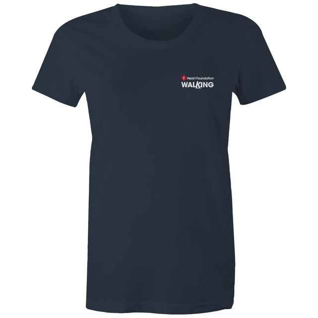 Women's navy Heart Foundation Walking small logo t-shirt featured on white background.