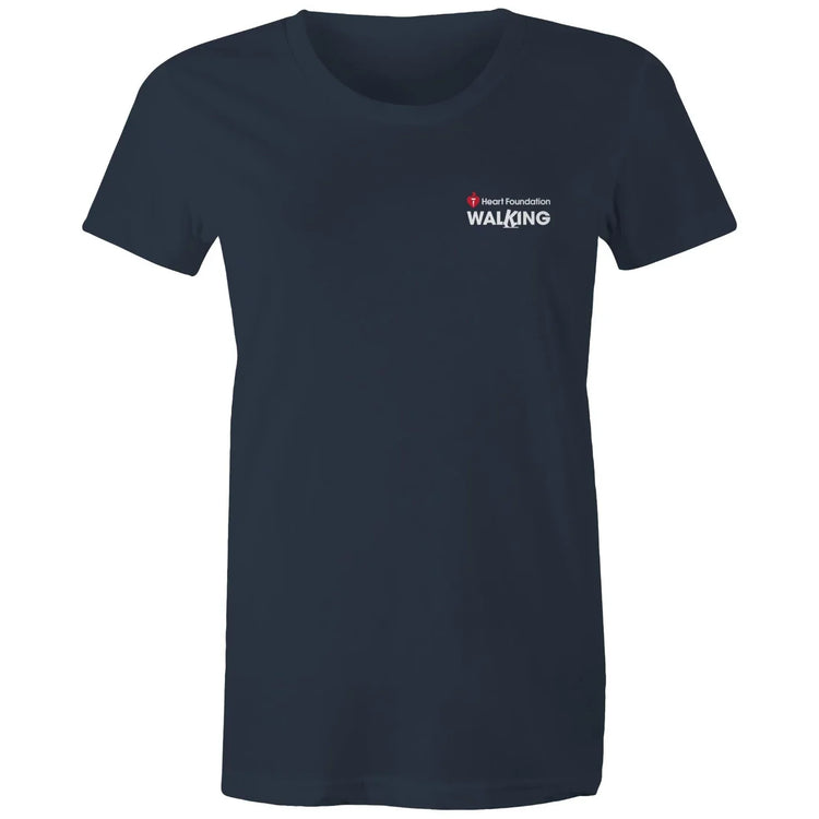 Women's navy Heart Foundation Walking small logo t-shirt featured on white background.