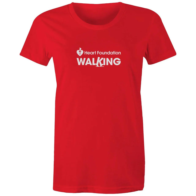 Red t-shirt with 'Heart Foundation Walking' text on a white background