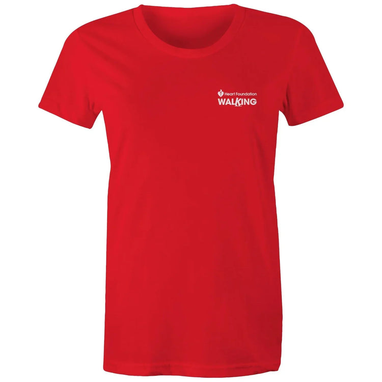 Women's red Heart Foundation Walking small logo t-shirt featured on white background.