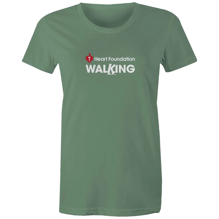 Women's sage Heart Foundation Walking centre chest logo t-shirt featured on white background.