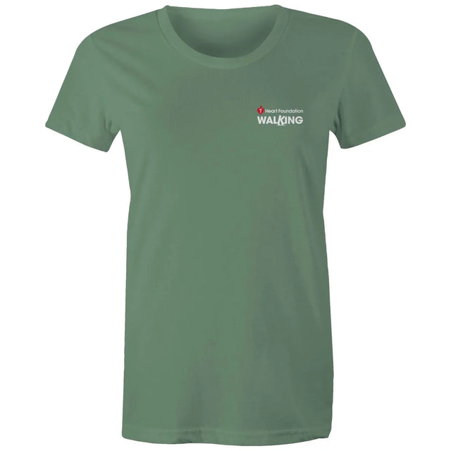 Women's sage Heart Foundation Walking small logo t-shirt featured on white background.